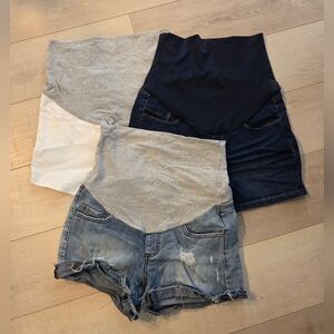 Thyme Maternity Jean Shorts Trio – Gray, White & Dark Blue Panels